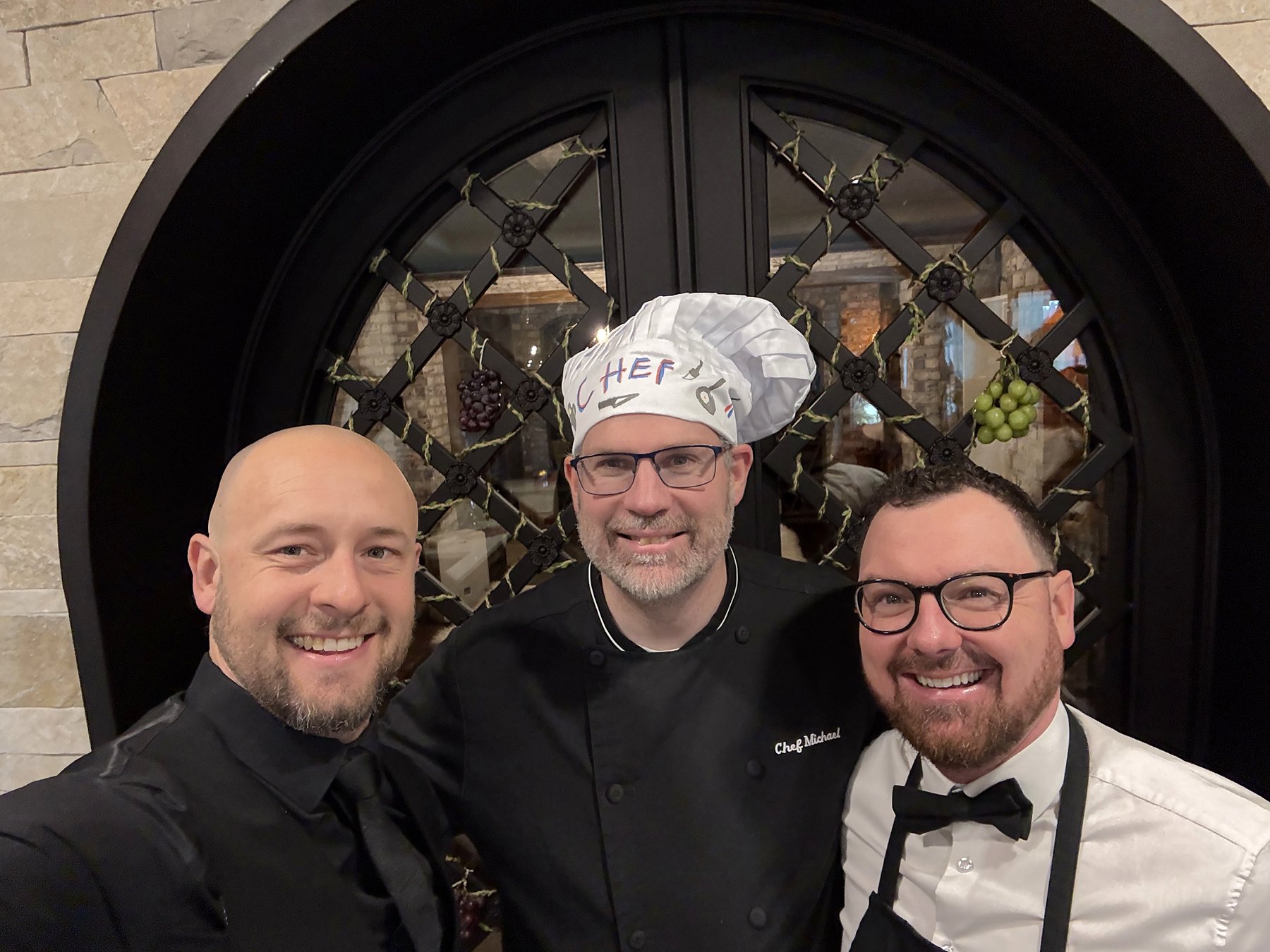 Chef Michael McFarland with Sommelier Daniel McDonough and Andrew, the Culinary and Cork team, at a private dinner in Barrie, Ontario